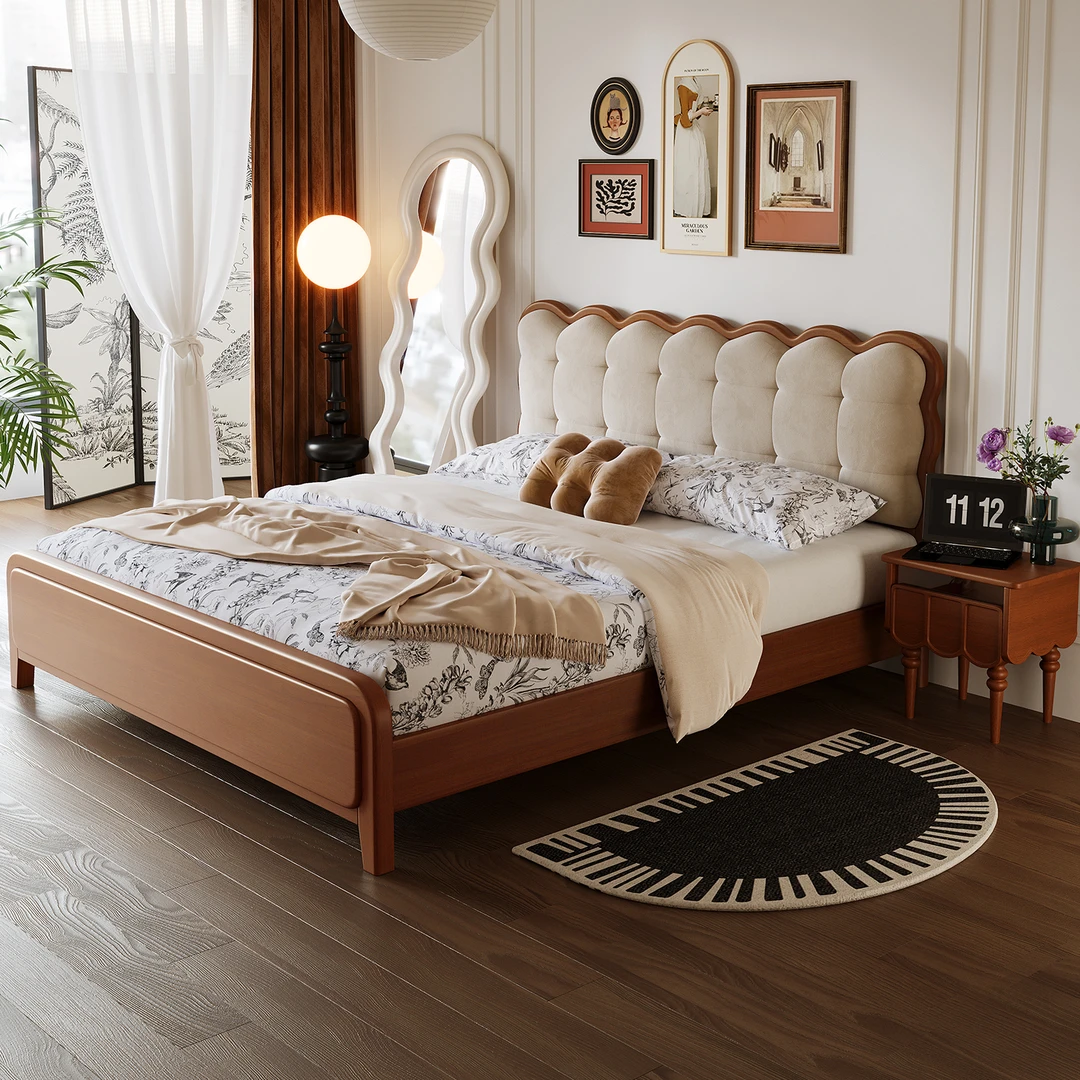 奶油复古中古风婚床法式美式现代简约布艺真皮软靠主卧双人大床