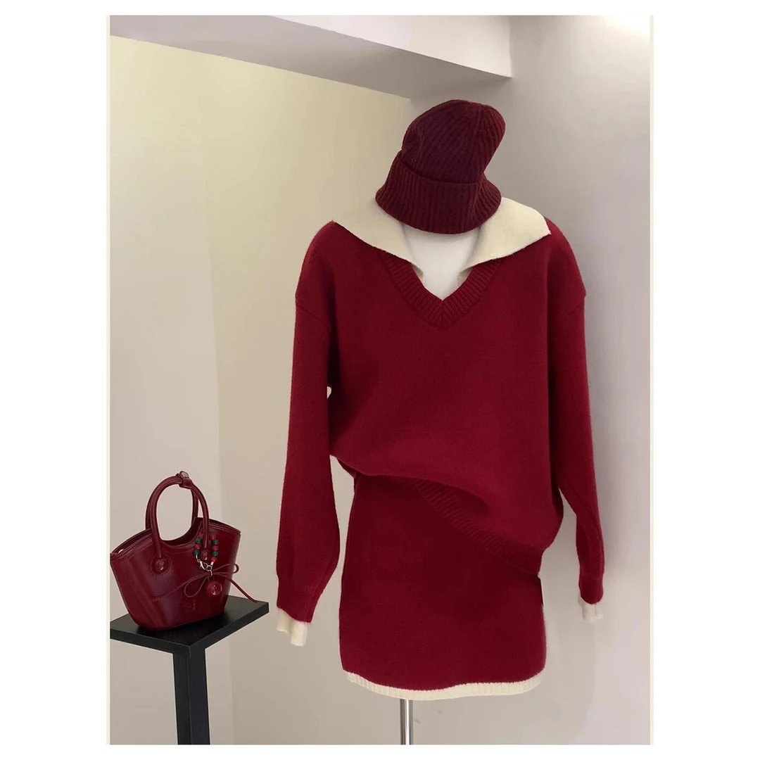 圣诞节穿搭红色针织毛衣短裙两件套装女冬巨好看的穿搭一整套