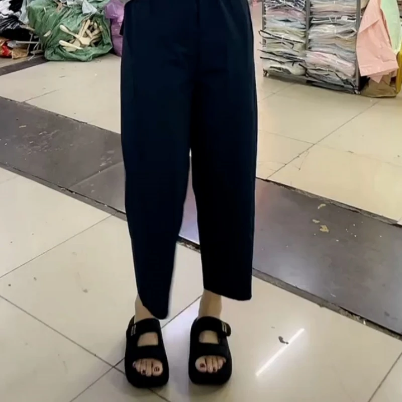 黑色休闲裤女夏季薄款梨形身材大码显瘦高腰小个子九分弹力直筒裤
