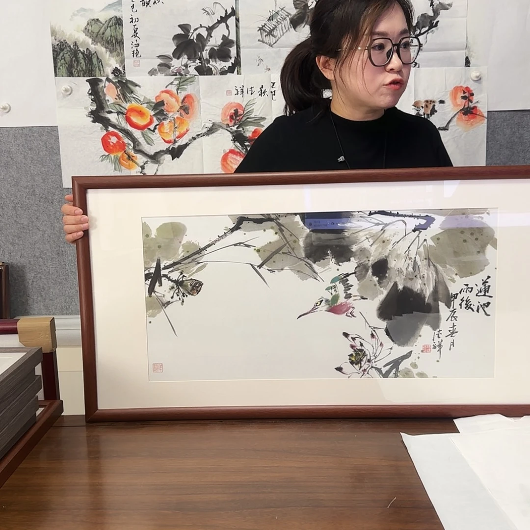 国画荷花 莲池雨后 50*94 实木框裱  纯手绘 年底福利