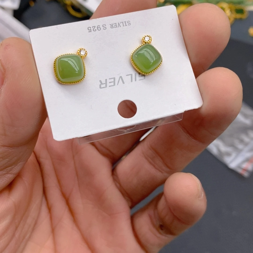和田玉（碧玉）耳饰银S925镀金镶嵌