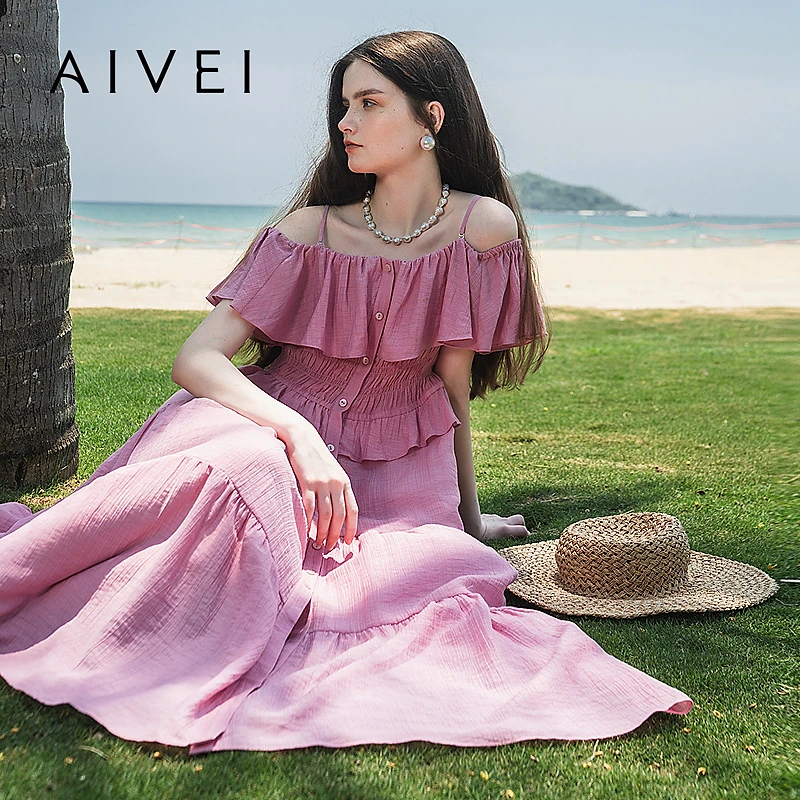 商场同款|AIVEI欣贺艾薇夏新海边度假一字吊带连衣长裙Q723002A