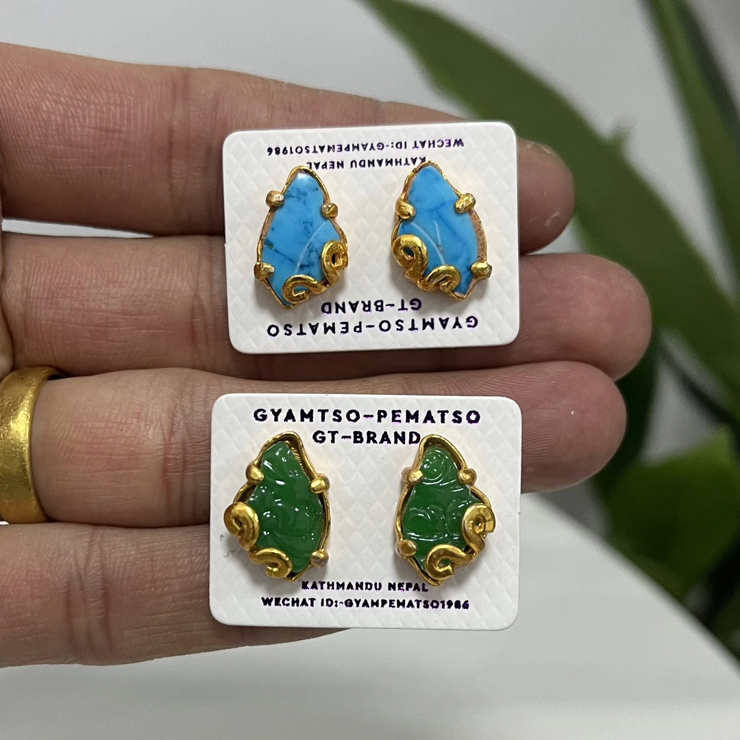 黄铜耳饰 藏族饰品耳钉藏式石头珠子黄铜镀金不掉色