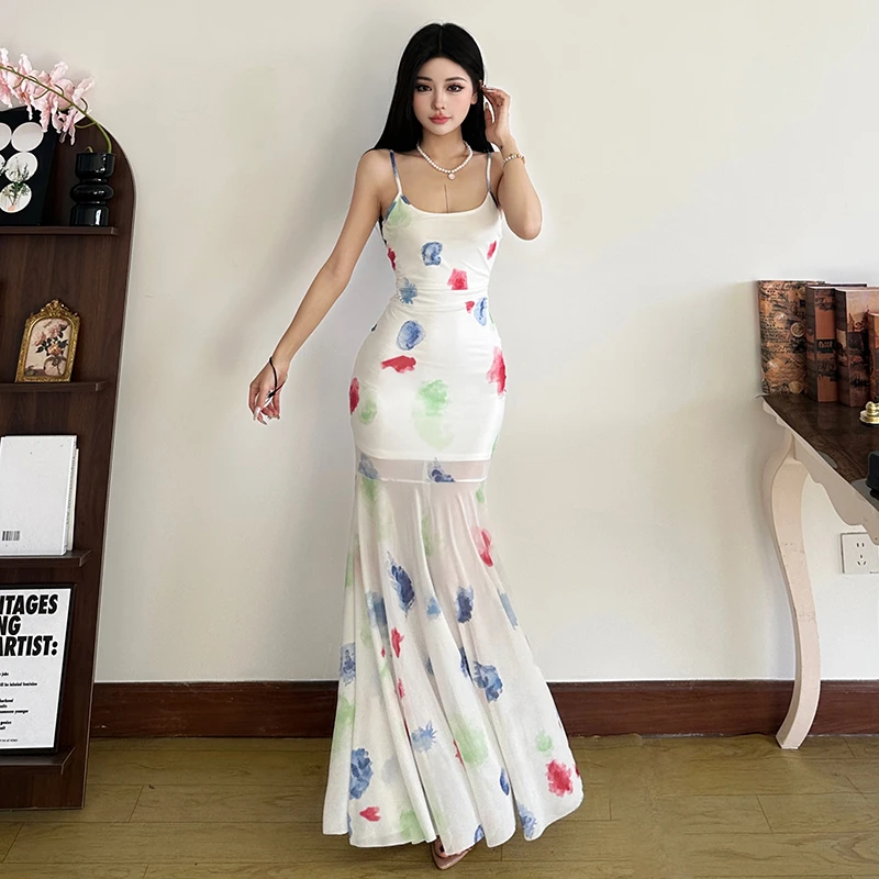 Malou 小清新缤纷晕染显瘦性感连衣裙女 夏日网纱鱼尾裙K25D63685