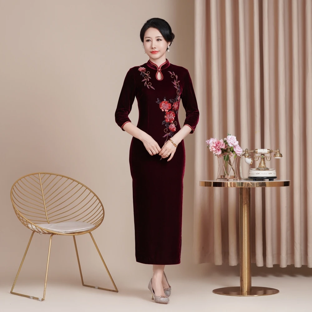 新款时尚旗袍连衣裙结婚喜婆婆喜妈妈敬酒服长款中袖高级大码6XL