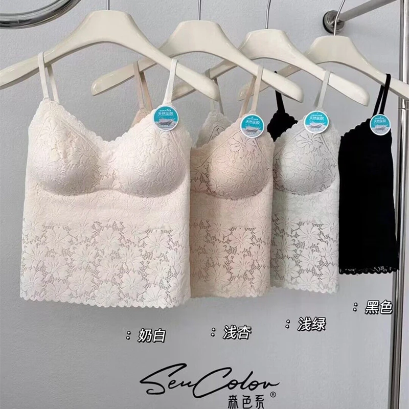 黛美芮抹胸内衣女美背吊带女聚拢蕾丝钩花固定杯背心防走光时尚新