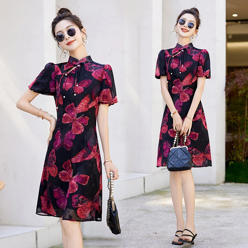 新中式国风印花连衣裙女2025夏季新款复古盘扣改良旗袍气质A字裙