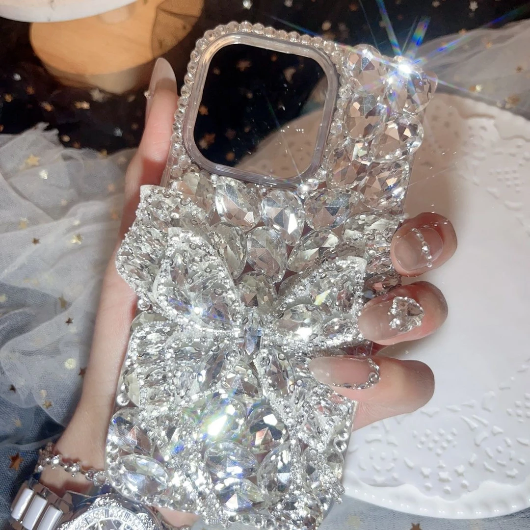 适用iPhone16proMax手机壳151413奢华满钻立体蝴蝶结15plus保护套