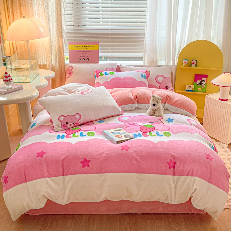 YJ 8706 小清新牛奶绒印花四件套 快乐熊