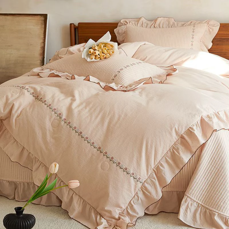 法式棉麻绗缝床盖花边床单加厚防滑榻榻米夹棉被套柔软亲肤秋冬