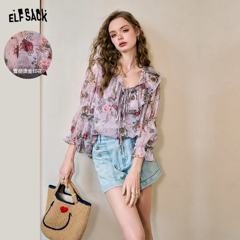 7015【赵老板】妖精的口袋夜莺小姐法式荷叶边烫金印花雪纺衫夏