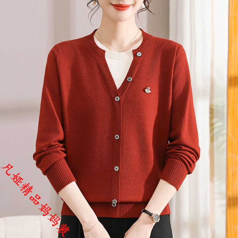 妈妈装气质假两件圆领针织衫上衣2025年春秋新款时尚洋气打底小衫