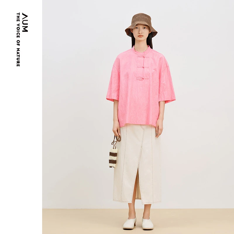 AUM噢姆衬衣时尚休闲春夏中式纯色印花立领衬衫M1EG30951