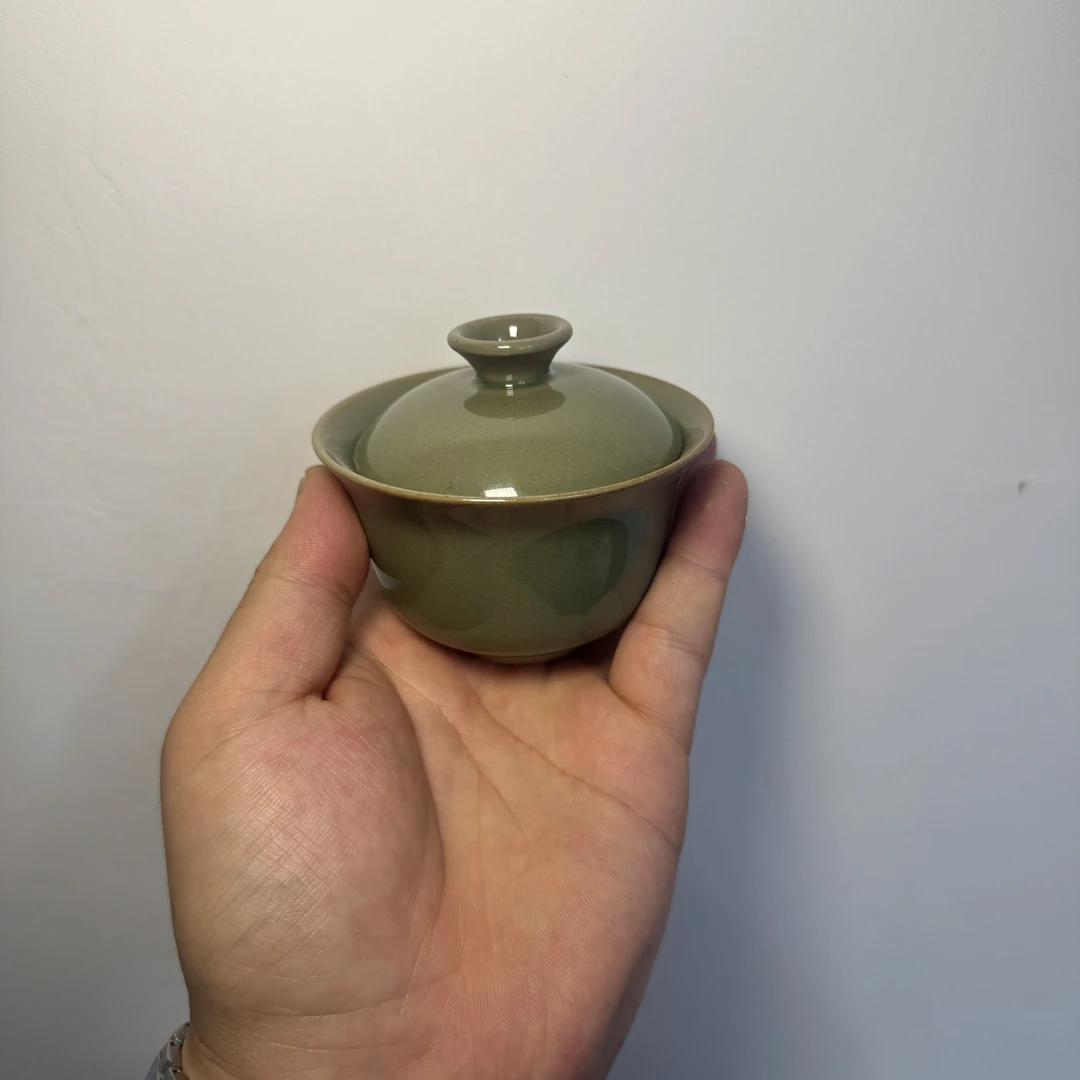 耀州窑复古陶瓷原矿青瓷黑泥素面小盖碗两才