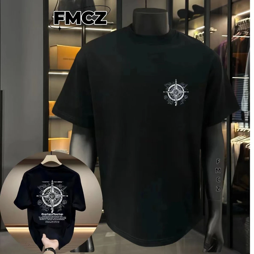 潮流轻奢高级感重磅ins男士短袖t恤时尚大码纯棉印花半袖上衣