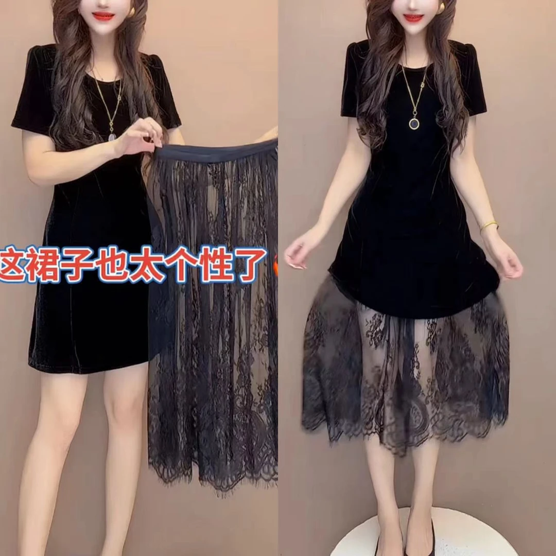 拼接短袖夏季常规套头连衣裙显瘦