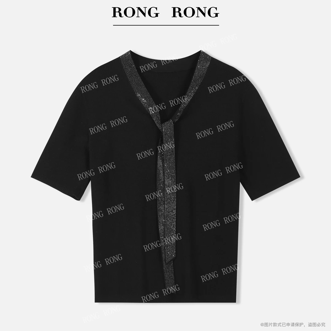 溶溶【碎星织月】RONGRONG 莱赛尔醋酸混纺烫钻飘带领套头衫F51008