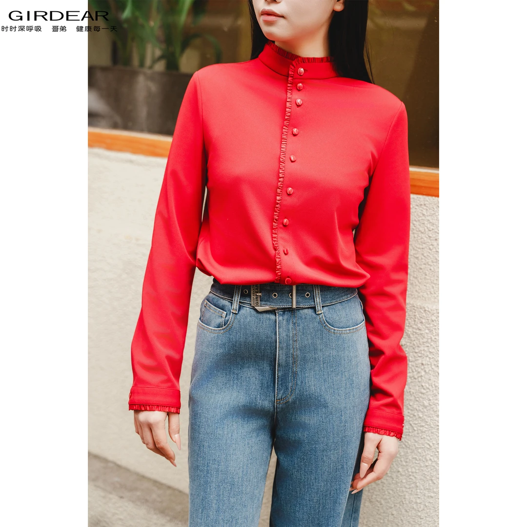 GIRDEAR/哥弟新款气质舒适百搭设计感立领长袖衬衫衬衣女 1300936