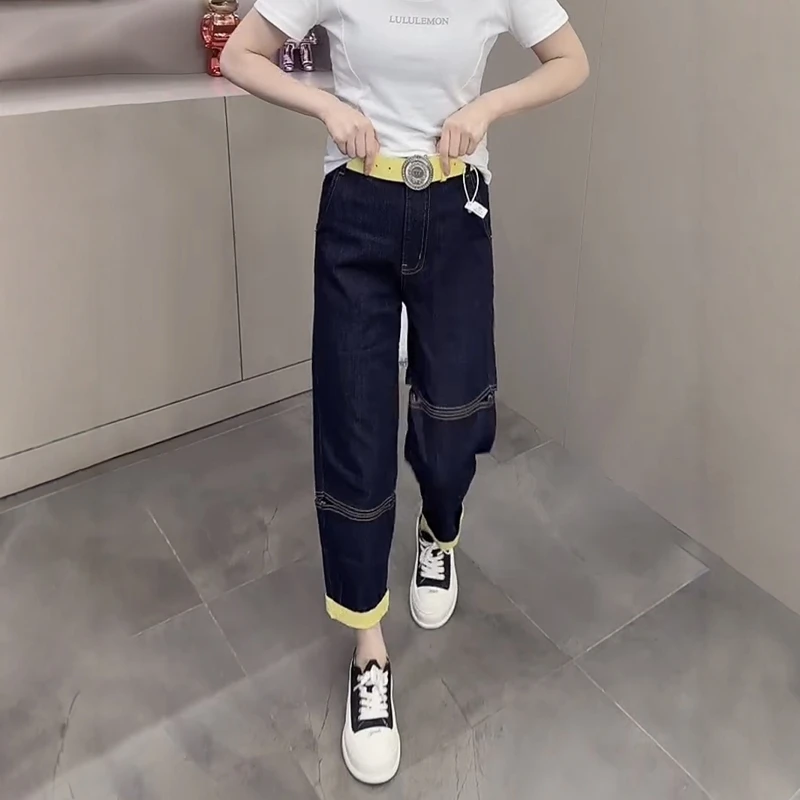 大码牛仔裤弹力显瘦拼接老爹九分裤2025秋季新款高腰哈伦裤女翻边