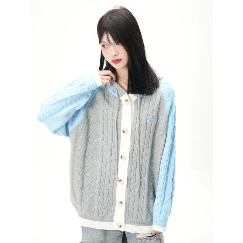 JUMPNEXT潮牌春季情侣嘻哈麻花肌理插肩袖连帽开衫针织衫毛衣情侣