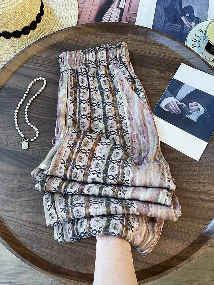 波西米亚风印花窄边阔腿裤女夏季薄款透气松紧高腰宽松显瘦休闲裤