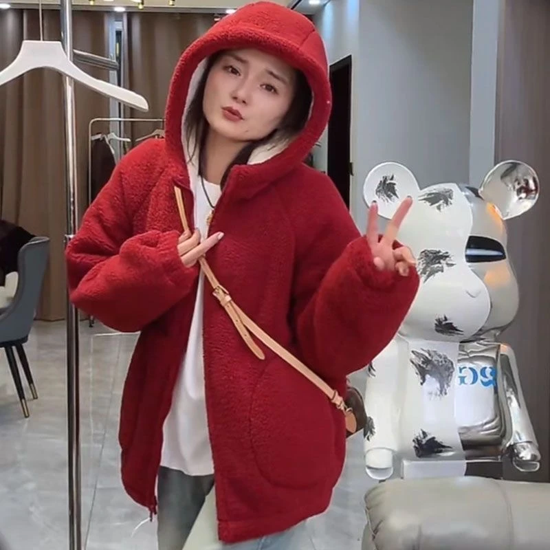外套女安可拉红毛保暖连帽棉衣颗粒加绒宽松秋冬女呢大衣加厚大码