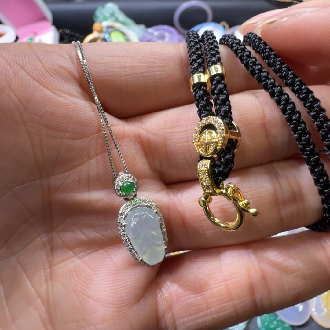 半***南翡翠银S925镶嵌吊坠(赠链)天然缅甸A货翡翠叶子吊坠