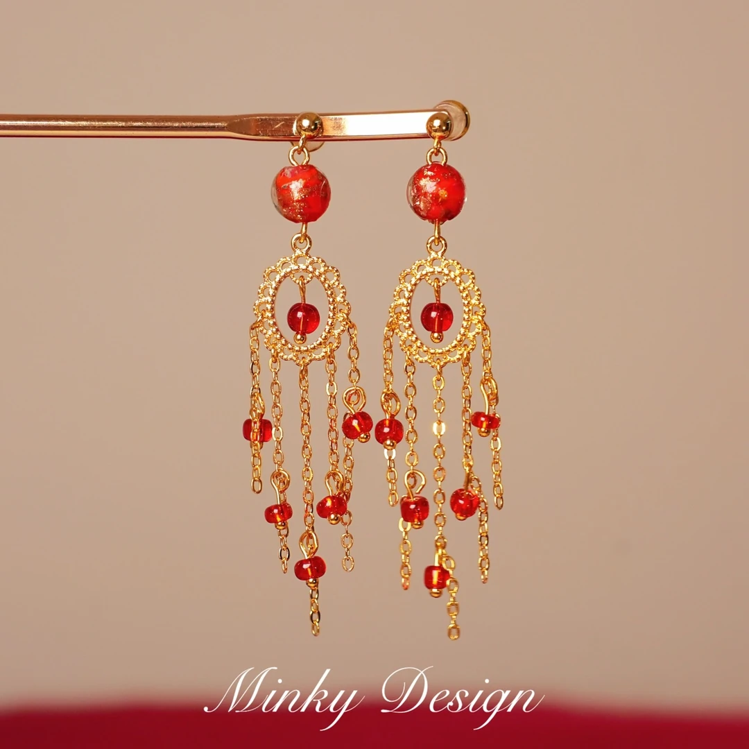 铜合金耳饰 「红妆」新中式新娘流苏耳环蚊香盘耳夹无耳洞秀禾耳饰