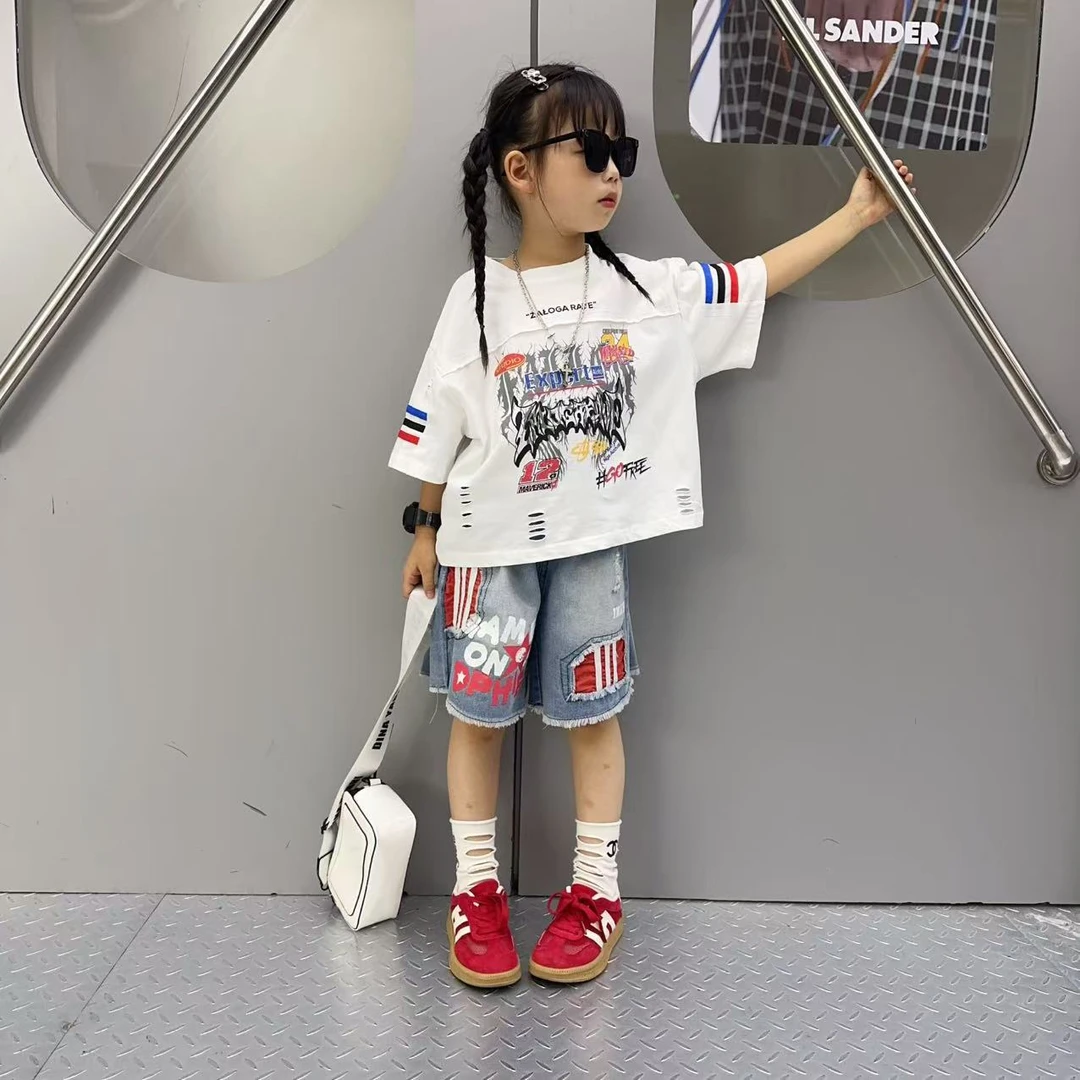 女童夏季潮酷时髦个性破洞毛边牛仔中裤中大童宽松破洞短袖T恤潮