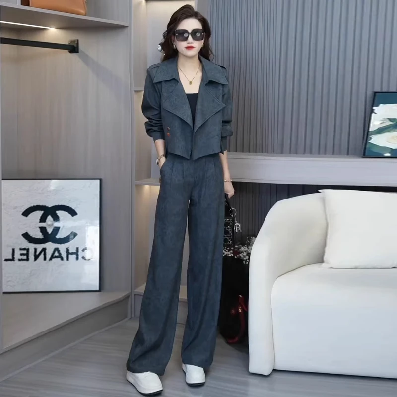 拉夏贝尔高级感时尚套装女2025春秋新款气质外套显瘦阔腿裤两件套