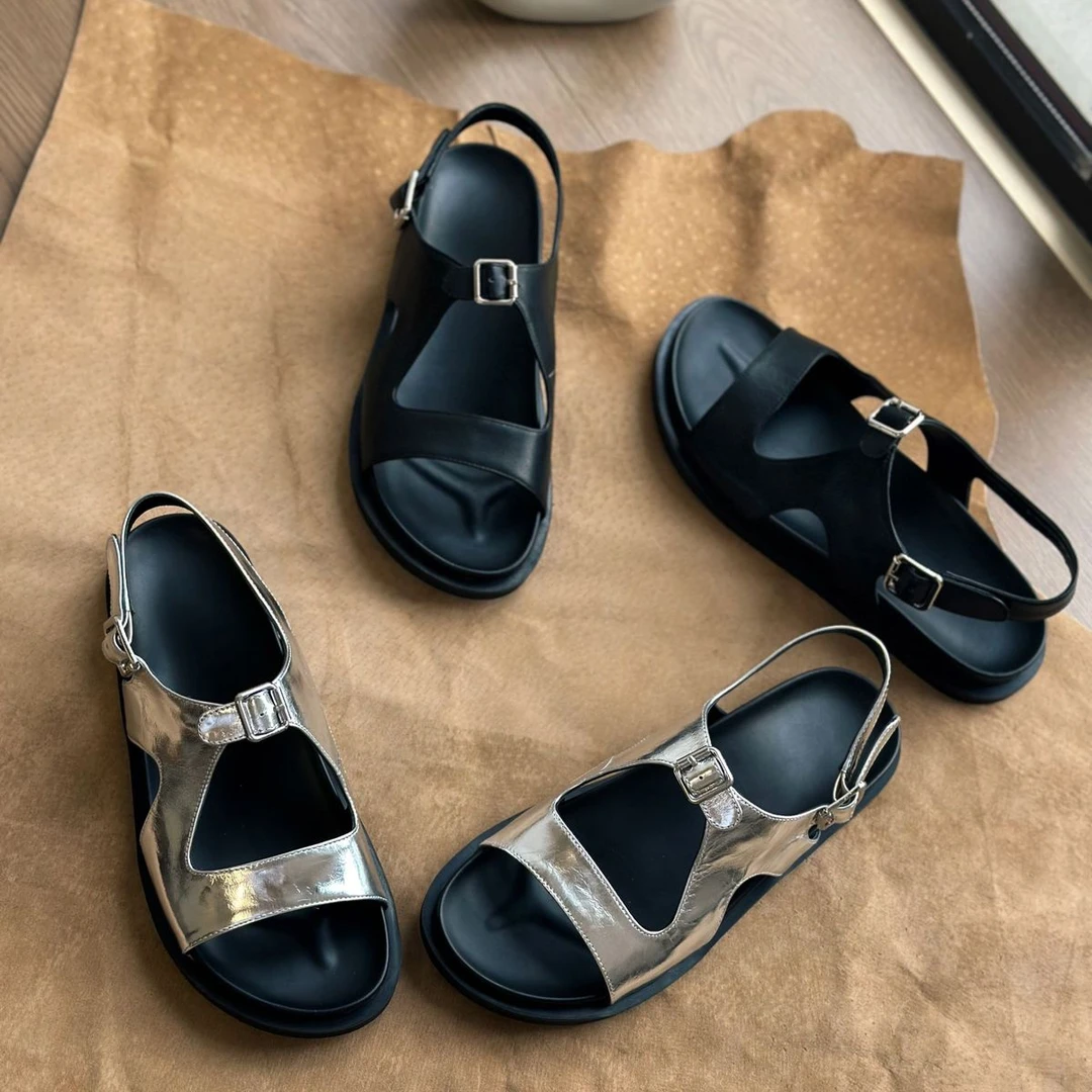 牛皮版~2025年新款复古百搭软底舒适一字扣带凉鞋平底沙滩罗马鞋