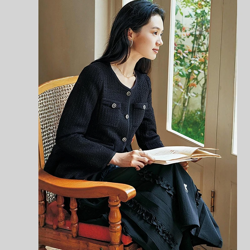 （黑色）41582【觅系列】粗花呢夹棉外套35MM709B005