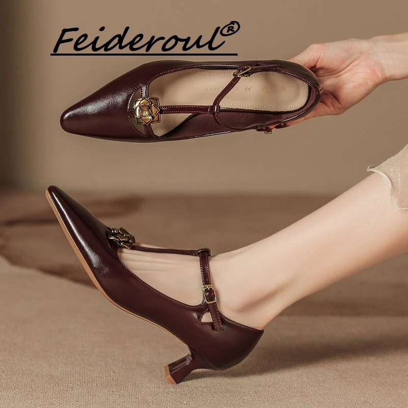 Feideroul软皮复古高跟鞋一字带玛丽珍时装单鞋纯色秋冬鞋女外穿