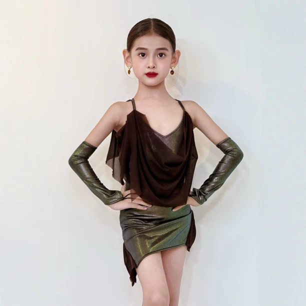TOP初秋设计师高级女童拉丁舞吊带连衣裙渐变练功服表演服花服