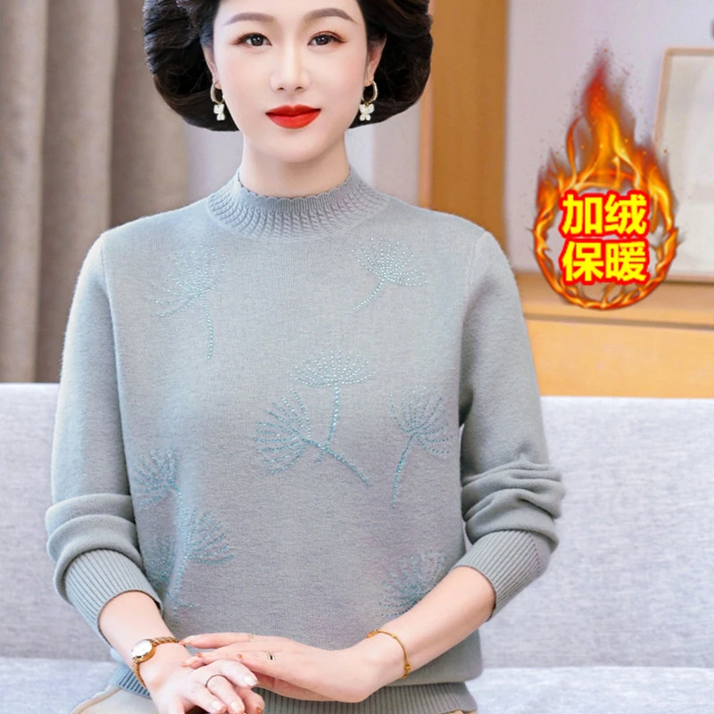 妈妈装一体绒毛衣秋冬加绒加厚半高领2025年新款毛衣女针织打底衫
