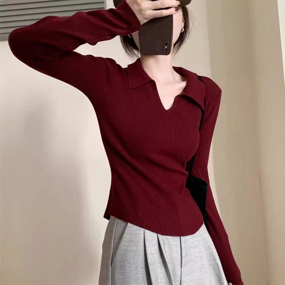 女士过年衣服自留款红色毛衣女春秋修身显瘦polo领内搭针织打底衫