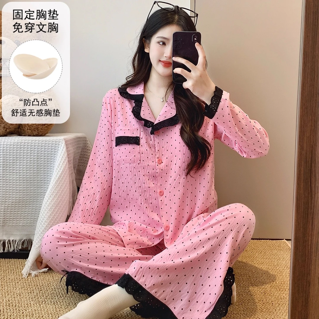 带胸垫波点睡衣女款春秋季云朵棉开衫花边长袖长裤休闲家居服套装