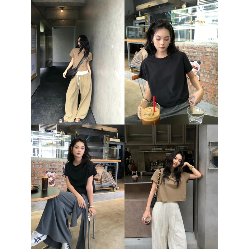 【任小艺新品】天丝棉混纺卷边宽松纯色短袖T恤短上衣女夏