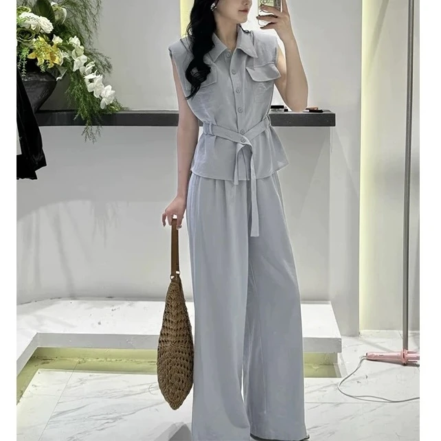 02575时尚套装休闲衬衫上衣设计感无袖衬衫高腰阔腿裤两件套女