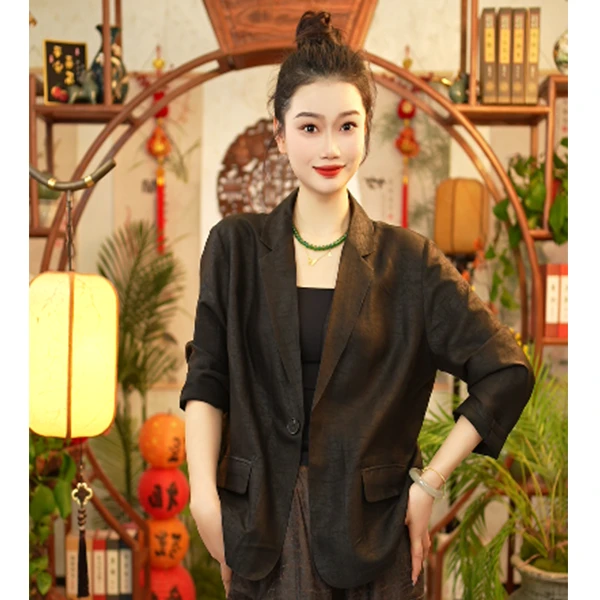 【董小姐】真丝桑蚕丝龟裂纹香云纱西装通勤修身