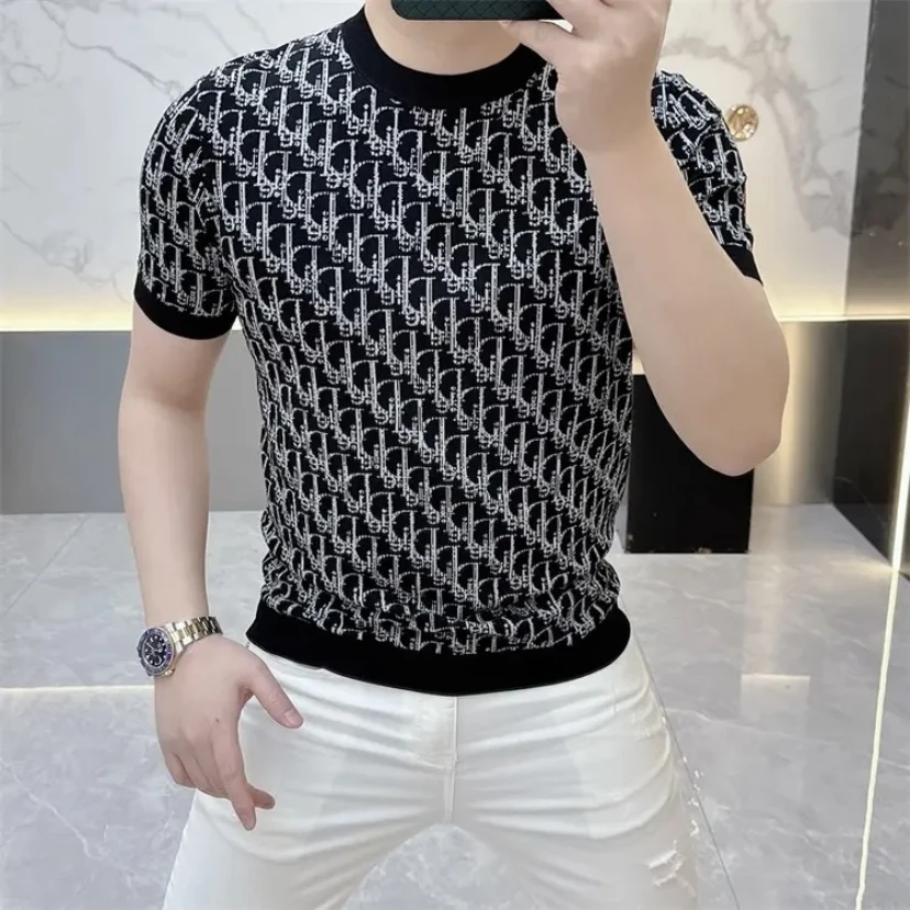 2025夏季新款欧货网红字母修身帅气圆领冰丝短袖T恤男废土风男装