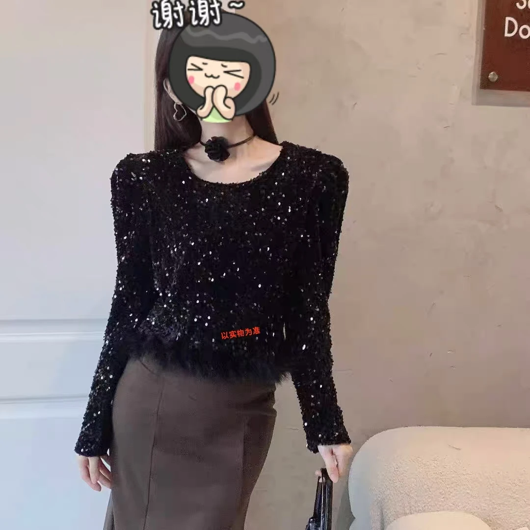 亮片长袖打底气质长袖网红时尚圆领重工黑色套头4140