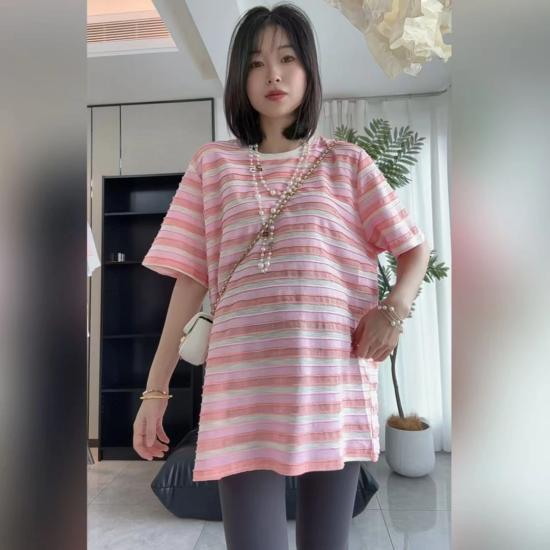 【熹熹】孕妇装夏季时尚肌理感圆领韩系条纹短袖上衣