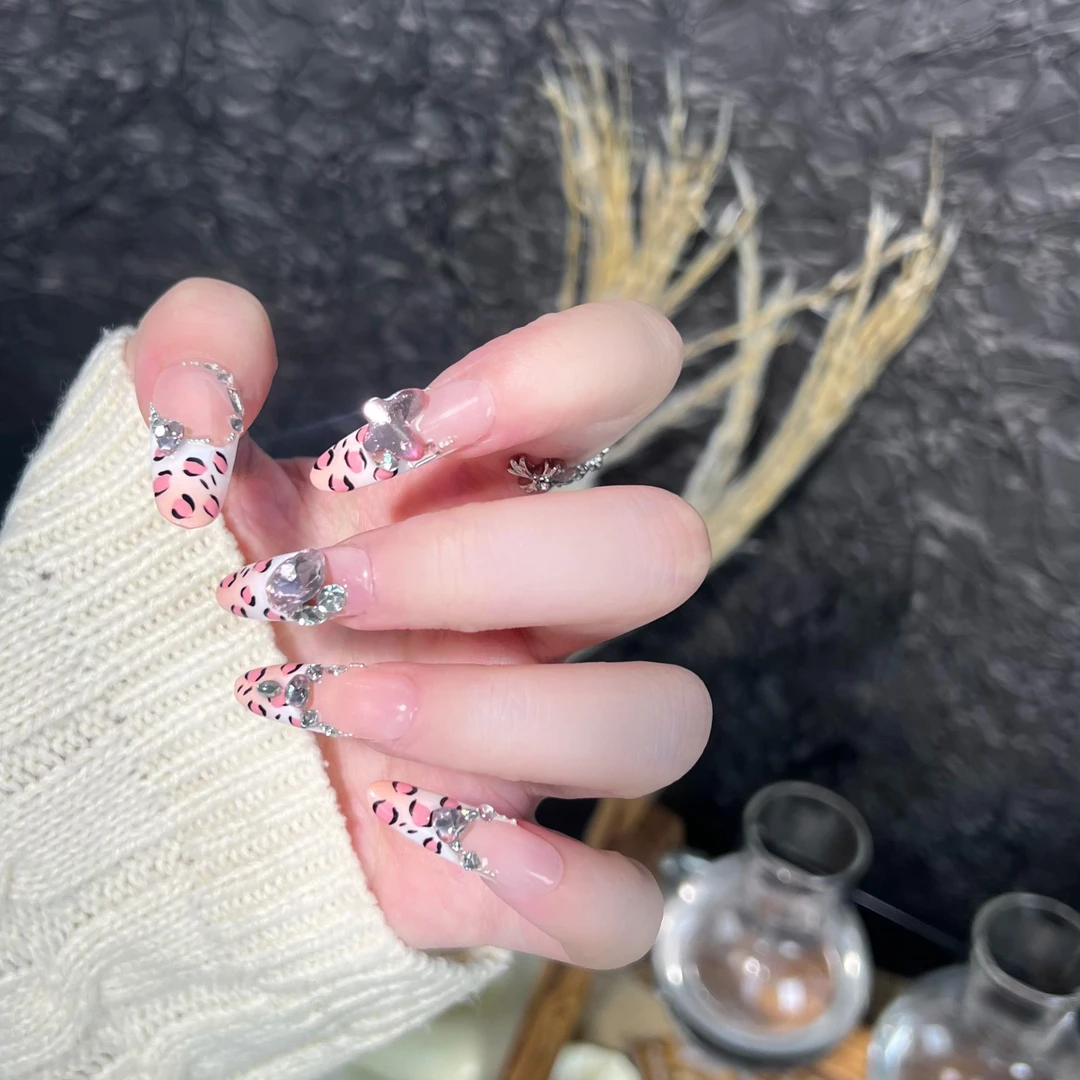 【粉粉豹纹】手工穿戴甲法式多钻y2k千禧辣妹甜酷显白