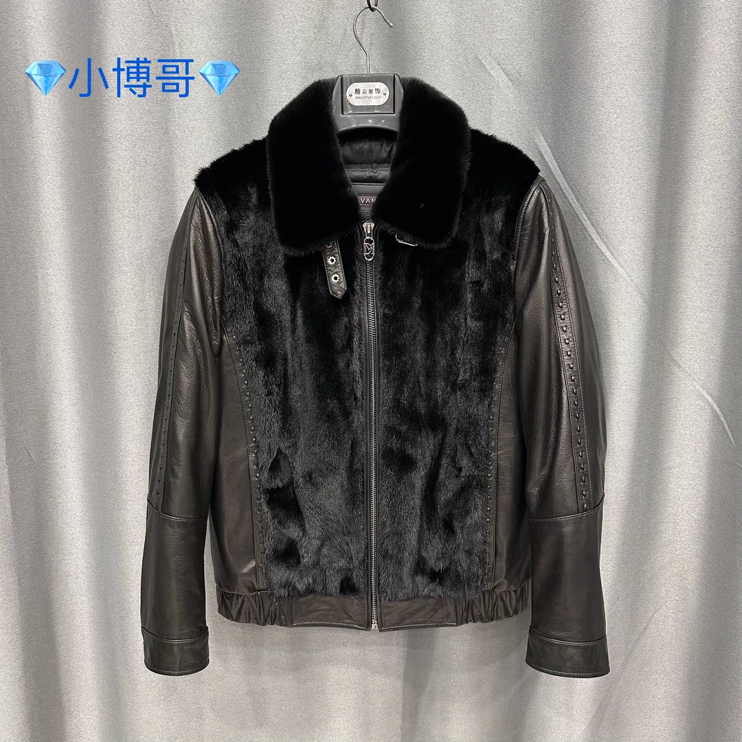 男士真皮山羊皮配貂翻领冬季皮羽绒外套