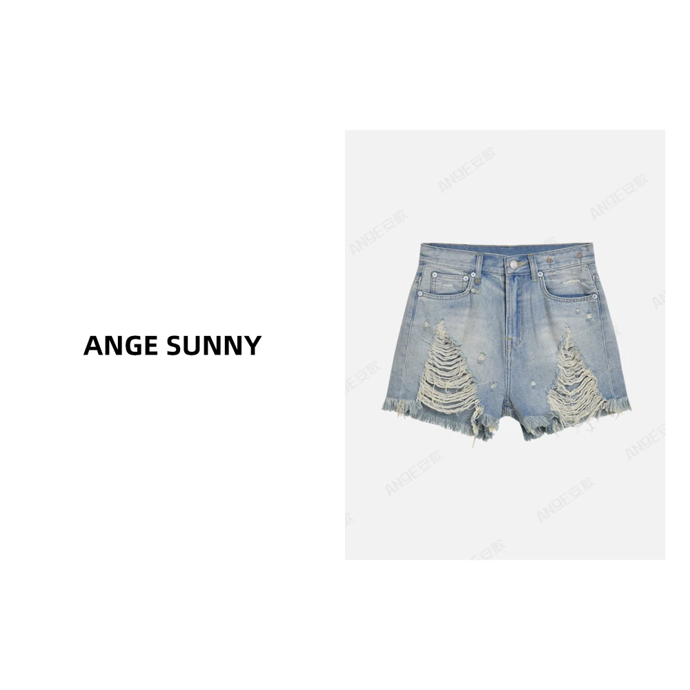 ANGE SUNNY【刘浩存同款 13牛仔短裤】水洗破洞毛边短裤 时尚潮流