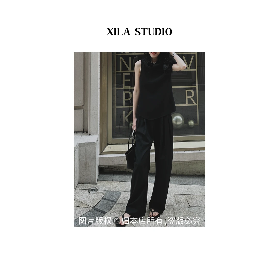 【XILA】进口100%羊毛简约松弛感微茧型时装西裤黑色