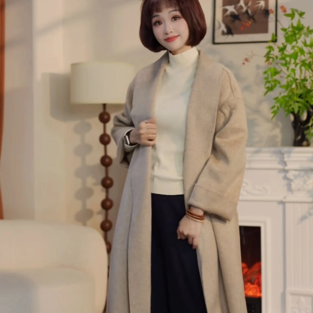【断码清仓】D331秋冬新款时尚气质百搭V领宽松气质双面呢大衣SS7