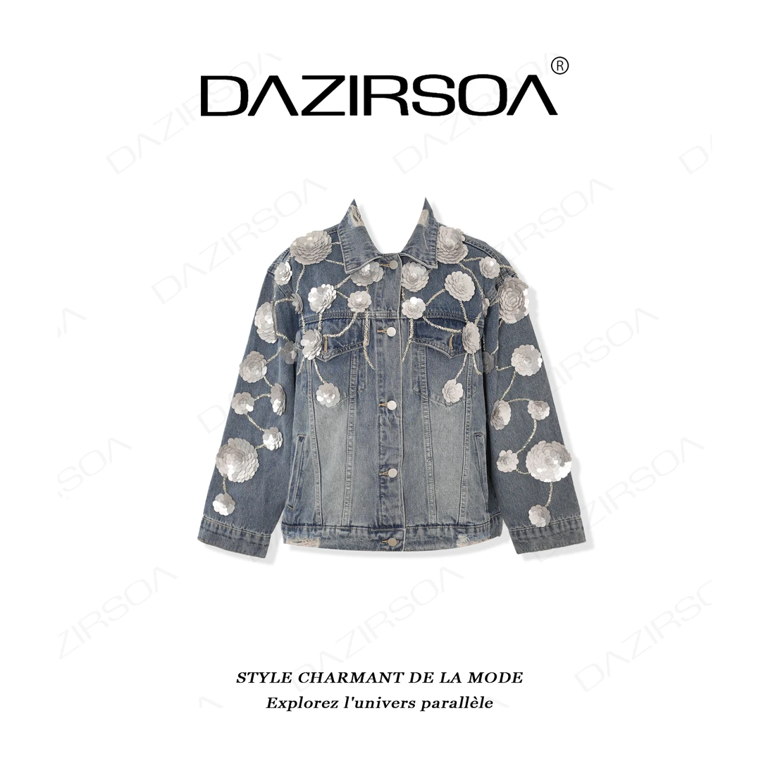 DAZIRSOA/达姿“放大焦点”时尚百搭拼接亮片花朵洋气牛仔外套 X833