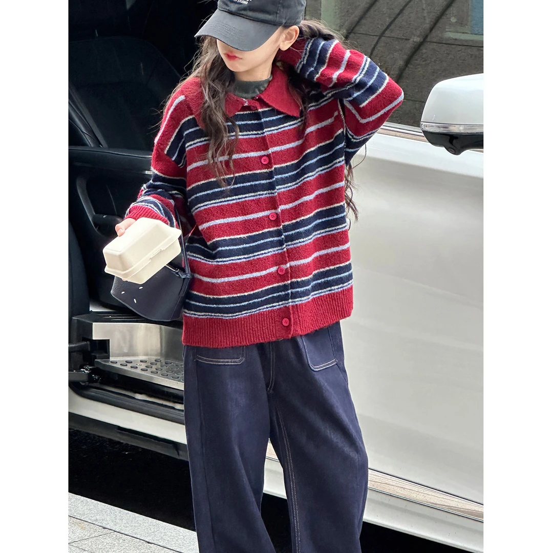 K29710孙小美复古撞色女童毛衣开衫2025秋冬装新款儿童条纹上衣服